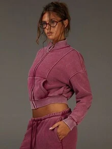 Athîral Women's Vintage Wash Magenta Ribbed Knit Jacket | Distressed Zip-Front Coat With Utility Stitching For Sporty Utility Style (Commute/Lounge/Street)Wardrobe Basic,Casual Everyday Wear,Autumn Outfits For Women,Women's Winter Jacket,Autumn/Winter,Cozy Fall And Winter Clothes For Women - Red - View 5