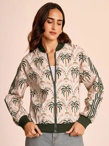 CAJUNI 女士棕榈树印花长袖休闲棒球夹克，秋季 - 黑色 - 查看 1