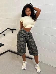 Alexandranx Women's Camouflage Patterned Casual Denim Pants With Pockets, Summer - Army Green - View 5