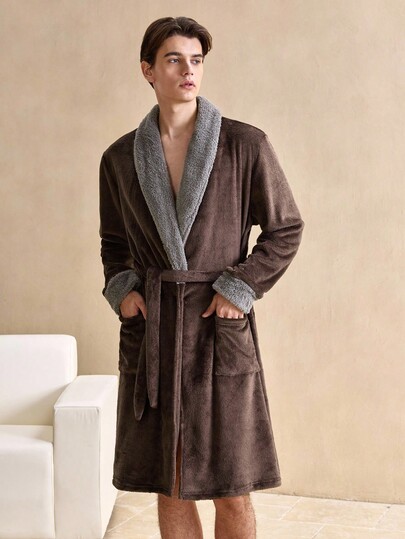 SHEIN EverLounge Contrast Color Plush Men's Shawl Collar Long Sleeve Pocket Belted Robe, Fall Winter, Fluffy