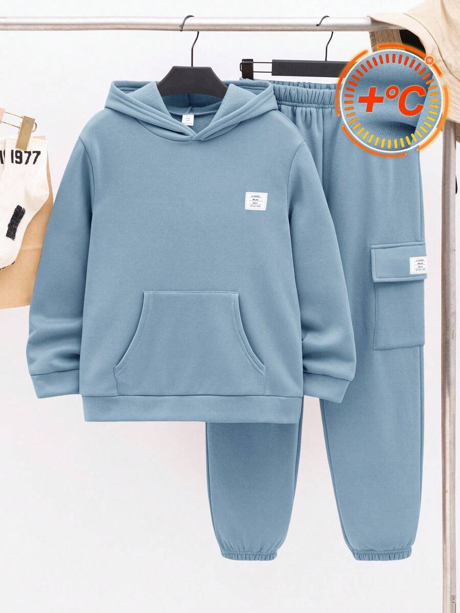 SHEIN 兒童 2 件組大童男孩套裝:連帽衛衣與慢跑長褲,秋季返校休閒基礎穿搭,適合通勤、日常與運動 - 淺藍色 - 查看 1