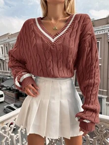 EURMUSE Plus Striped Trim Cable Knit Drop Shoulder Sweater, For Winter - Pink - View 5