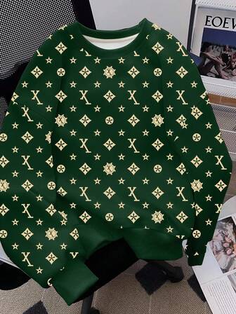 Manfinity Dauomo Sudadera de cuello redondo con estampado de estrellas y letras, talla estándar para hombre, otoño/invierno