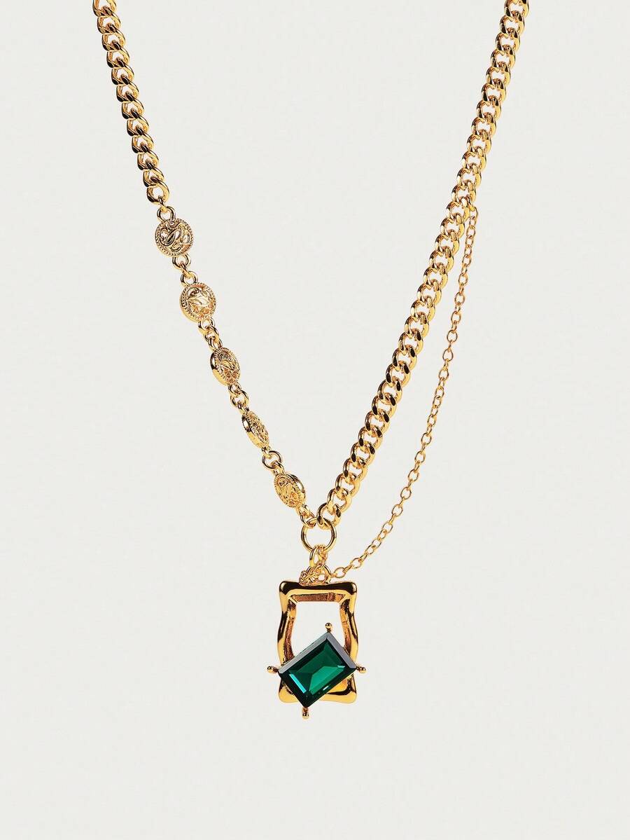 Glisma 18K Gold-Plated Green Crystal Necklace, Y2K Style/For Mom/Women/Girls, Suitable For Fall, Autumn, Winter, Festivals, Holidays, Vacations, Old Money, Halloween,Party,Night Club,Shopping,Vintage,PREMIUM,Zirconia,Rhinstone