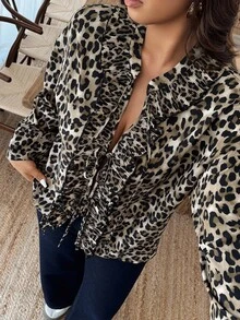 Blusa de moda con estampado de leopardo, parches y volantes en el bajo con lazo delantero para mujer talla grande - Multicolor - Ver 6