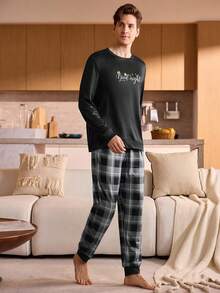 Manfinity Underwear&Sleepwear Basics Men's Plaid Round Neck Long Sleeve Top And Pants Loungewear Set, Autumn, Fall Winter Clothes, Christmas - Multicolor - View 3