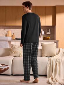 Manfinity Underwear&Sleepwear Basics 大码男士黑色格子长袖睡衣套装 - 黑色 - 查看 2