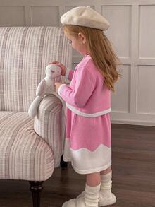 SHEIN Young Girl Round Neck Long Sleeve Button Front Casual Knit Sweater Set Fall Winter - Multicolor - View 2