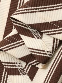 Dazy Plus Plus Size Women Striped Loose Straight Patchwork Ruffle Hem Nightgown, Cozy Outfit, Fall & Winter, Moo Moo Night Dress - Brown - View 3