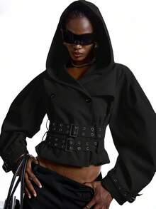 LYSMO 2025新款极简主义秋季女式黑色时尚夸张设计超大连帽长袖夹克飞行员夹克，适合万圣节装扮、商务休闲、返校季、Y2K风格、街头哥特风披风等场合，温暖舒适，适合秋冬季穿着。 - 黑色 - 查看 6