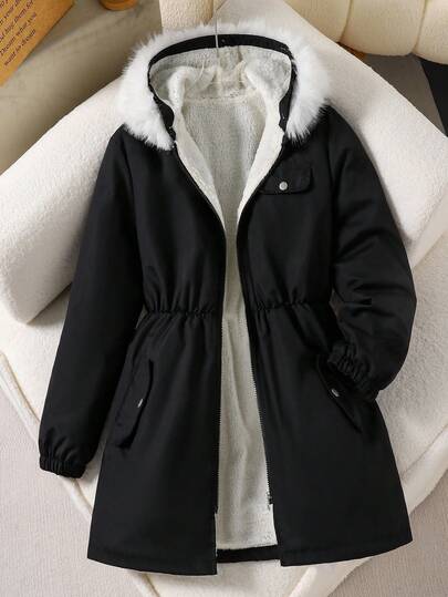 SHEIN Teen Girls Casual Elastic Cuff Hooded Jacket With Faux Fur Collar, Windbreaker Fabric, Waist Cinched Design, Fluffy Lining, Loose Fit, Suitable For Autumn/Winter Daily, Commuting, Outing, Party, Photography, Shopping