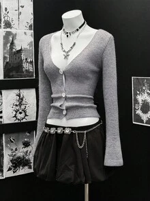 EgrlEra Cárdigan de mujer de cuello en V simple y dulce con mangas acampanadas, suéter de punto gris - Gris - Ver 3