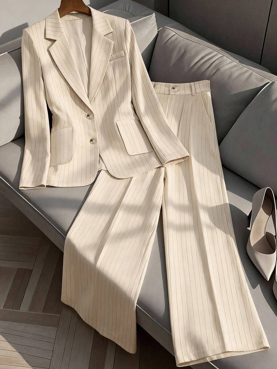 Franclia 女士春秋波西米亚通勤西装外套，袖口开衩，搭配条纹阔腿西装裤，杏色西装套装 - 杏色 - 查看 1