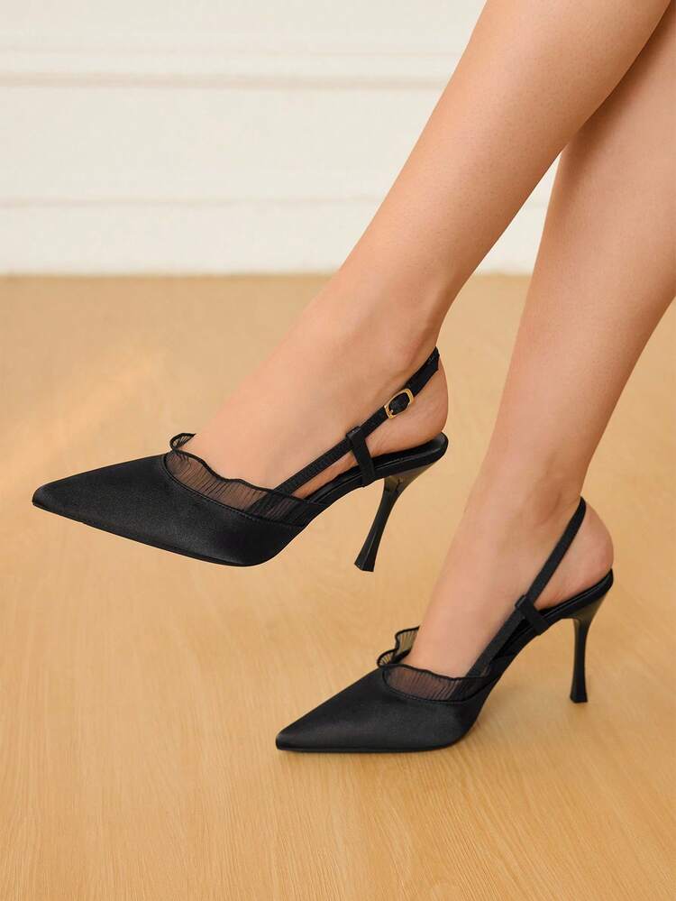 CUCCOO HITCHD 女性用秋冬新作 フリル付き尖った つま先 ハイヒール エレガント スウィート ロマンチック セクシー ファッション ゴシック レトロ ブラックサテン レディース ハイヒールサンダル、フォーマルな機会、結婚式、パーティー、ハロウィン、クリスマス、感謝祭に適しています