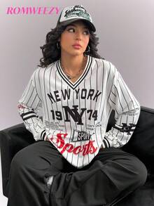2pcs/Set Teenage Girls V-Neck Sweatshirt,Striped Letter Print T-Shirt & Cargo Sweatpants For Autumn,Back To School Black And White,Streetwear,Holiday - Black and White - View 1