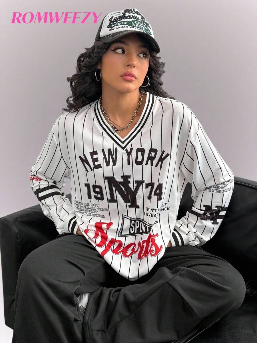 2pcs/Set Teenage Girls V-Neck Sweatshirt,Striped Letter Print T-Shirt & Cargo Sweatpants For Autumn,Back To School Black And White,Streetwear,Holiday - Black and White - View 1