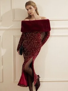 BELROSIE Glamorous Sequin Embellished Off Shoulder Dress With Detachable Faux Fur Collar, High-Slit, Long Sleeve, European Chic - Red - View 3