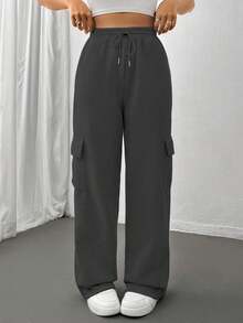 Flirla Women's Casual Loose Pocket Drawstring Sweatpants - Dark Grey - View 6