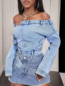 BamGleam Fashionable Casual Shoulder Denim Top For Women - Blue - View 3