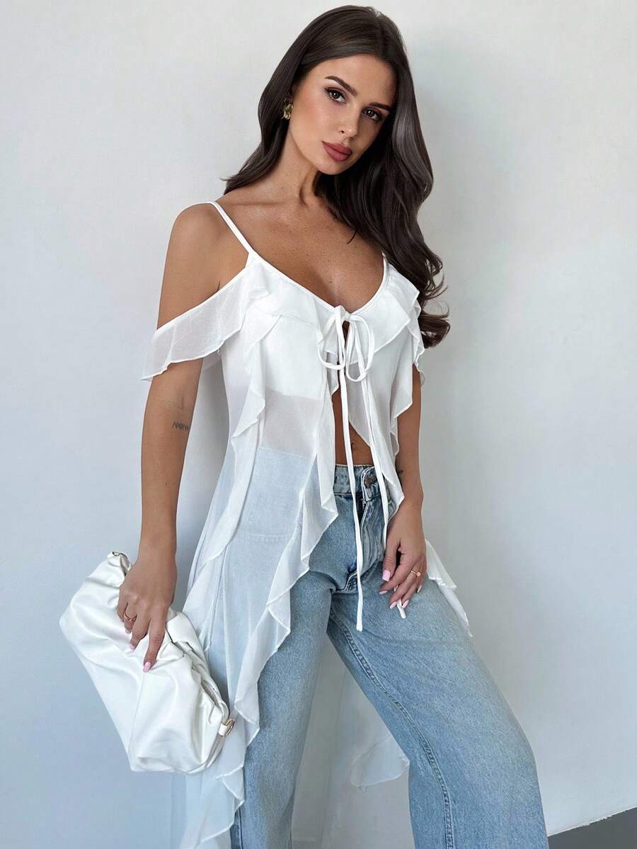 Firerie Women's Bohemian Chic Music Festival Sexy Beach Vacation Sheer Ruffle V-Neck Maxi Camisole Top - White - View 1