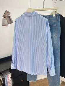 Franclia Chemise tissée décontractée rayée grande taille, automne/hiver - Bleu azur - Voir 2