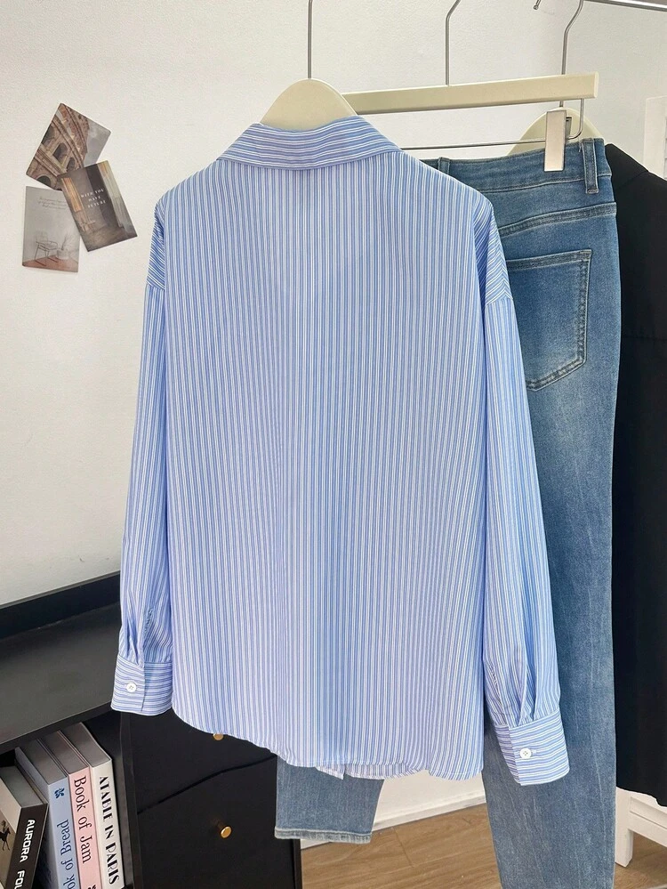 SHEIN Franclia Plus Size Striped Casual Woven Shirt, Autumn/Winter Baby Blue Shirt Stripe Shirt Blue And White Shirt Blue Striped Shirt Light Blue Blouse - Blue - View 2