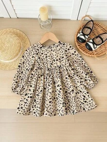 SHEIN LMoss Kids 女宝宝可爱度假休闲杏色碎花图案蝴蝶结长袖宽松连衣裙，婴儿蝴蝶结连衣裙，碎花连衣裙，女宝宝波西米亚风连衣裙，婴儿女童服装，秋冬季婴儿连衣裙 - 彩色 - 查看 2