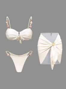 Swim Oasis 女士纯色细肩带米色装饰钢圈后系带三角泳裤可调节侧褶向日葵装饰三件套泳衣套装 - 白色 - 查看 1