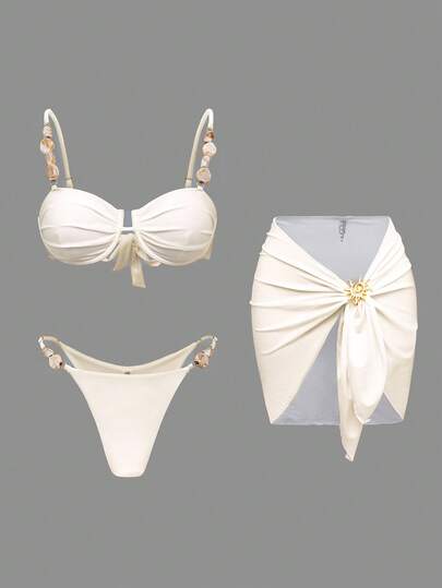 Swim Oasis 女士纯色细肩带米色装饰钢圈后系带三角泳裤可调节侧褶向日葵装饰三件套泳衣套装