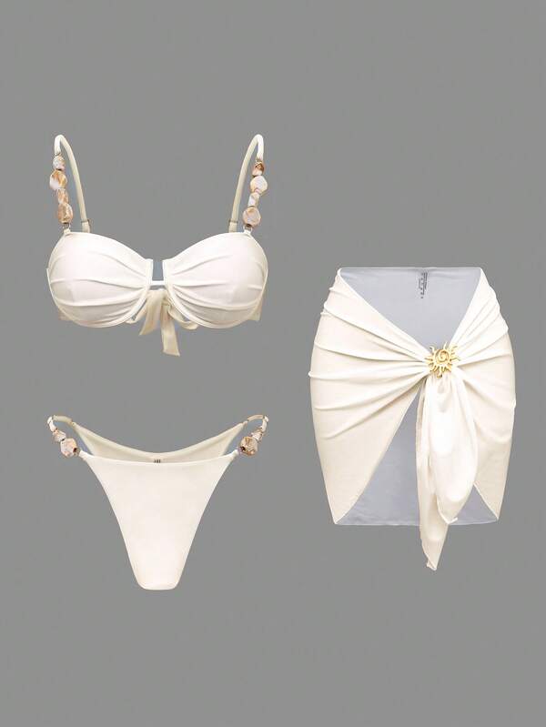 Swim Oasis Conjunto de traje de baño de 3 piezas con parte superior de tirantes finos de unicolor, Bottom triangular con aros y decoración de volantes laterales ajustables, y decoración de girasol