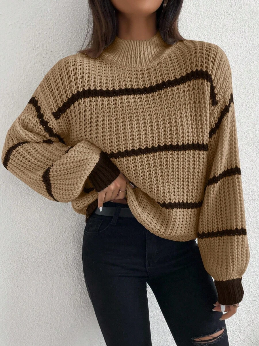 Celisse Casual Contrast Color Striped Drop Shoulder Sweater, Autumn/Winter - Brown - View 1