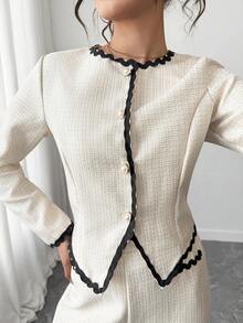 SHEIN Teen Girls Tweed Texture Contrast Color Ruffle Trim Pearl Button Decor Round Neck Top And Wide Leg Pants Set, Elegant French Style 2 Pieces Outfit Fall Winter - Apricot - View 7