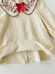 Cozy Pixies Baby Girl Floral Print Ruffle Collar Long Sleeve Cinched Waist Dress Fall Winter Cream Baby Girl Dress Baby Vintage Dress Beige Dresses For Baby Girls Baby Winter Dress Beige Toddler Dress