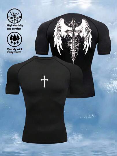 Manfinity Sport Corelite Męska koszulka sportowa z krótkim rękawem i nadrukiem Wing & Cross Print, kompresyjna, dopasowana, z krótkim rękawem, do ćwiczeń, na siłownię, z nadrukiem kompresyjnym, oddychająca, dopasowana koszulka z okrągłym dekoltem