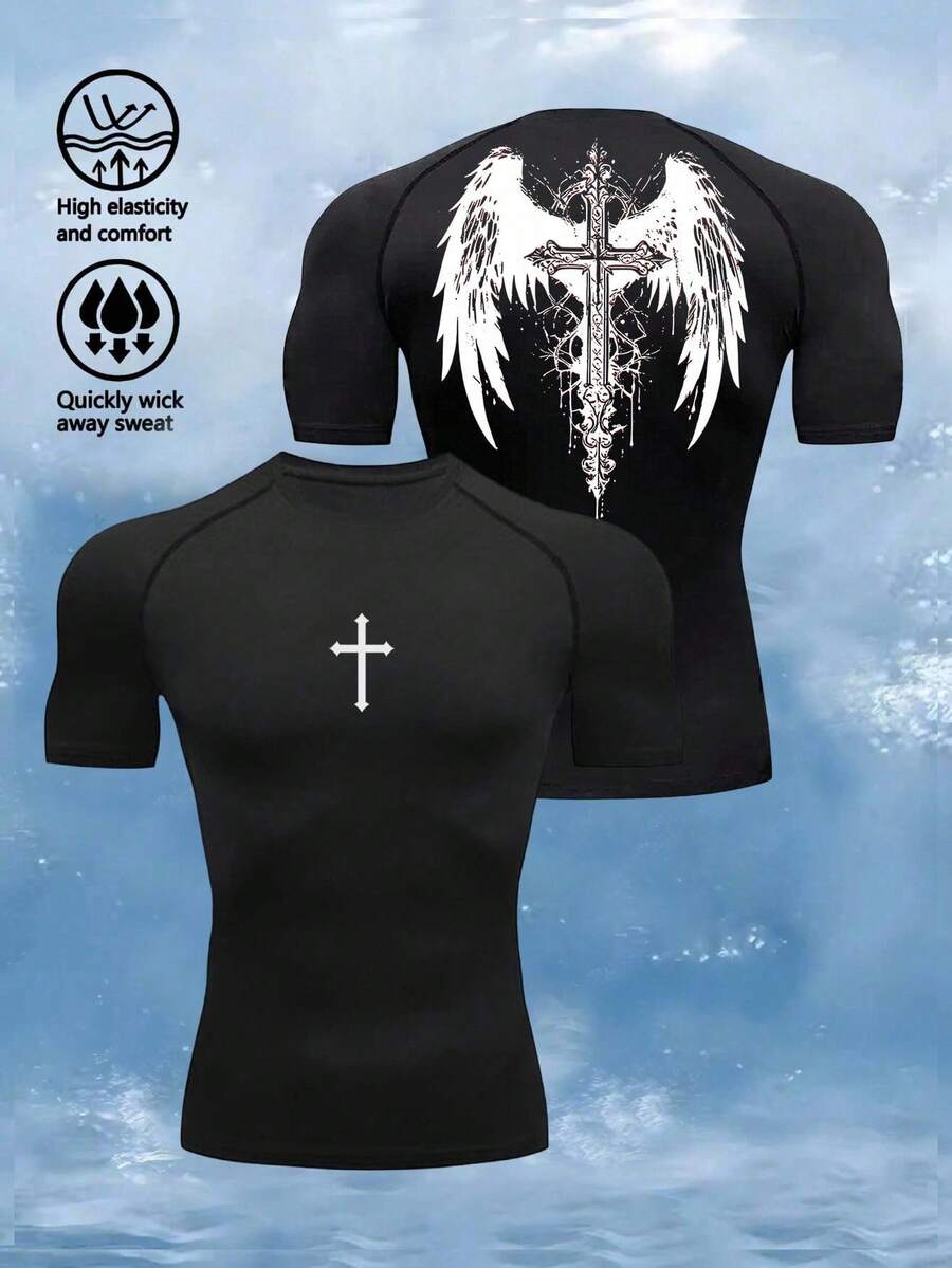 Manfinity Sport Corelite Men's Wing & Cross Print Compression Tight Fit Short Sleeve Sports T-Shirt Workout Tops Gym Top Compression Shirt Breathable Fitted Shirt Crew Neck