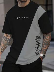 Manfinity LEGND Camiseta casual de cuello redondo de manga corta con estampado de letras y flores para hombres, con contraste de color