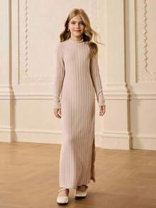 Girls Casual Minimalist Turtleneck Long Sleeve Solid Color Textured Fitted Maxi Dress With V-Neck Furry Vest And Matching Belt Set, Autumn/Winter - Apricot - View 4