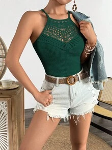 INAWLY Casual Vacation Fitted Waffle Lace Patchwork Tie-Up Camisole - Dark Green - View 4