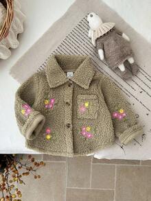 SHEIN 女婴厚羊毛刺绣花领外套夹克，秋冬 - 杏色 - 查看 6