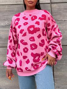 EURMUSE Plus Leopard Pattern Drop Shoulder Sweater, For Winter