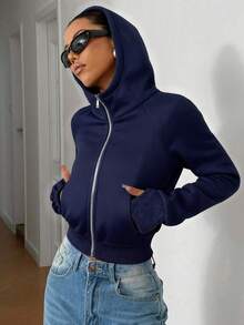 SHEIN EZwear 女式海军蓝休闲日常拉链连帽衫，秋季 - 藏蓝色 - 查看 5