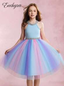 Tween Girls Rainbow Halter Dress, Princess Light Formal Dress For Summer - Baby Blue - View 9