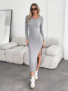 Siren Gaze Vestido ajustado unicolor de muslo con abertura - Gris - Ver 3