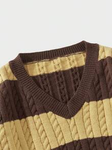 EASEVO 大码男士休闲V领长袖针织毛衣，带粗条纹图案，秋冬