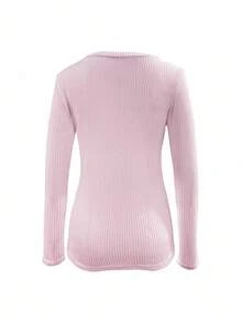 INAWLY 女士纯色简约长袖T恤，日常穿着 - 粉色 - 查看 2