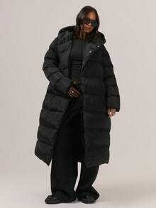 MUSERA 中长款加厚羽绒服，不对称按扣连帽，冬季外套 - 黑色 - 查看 1