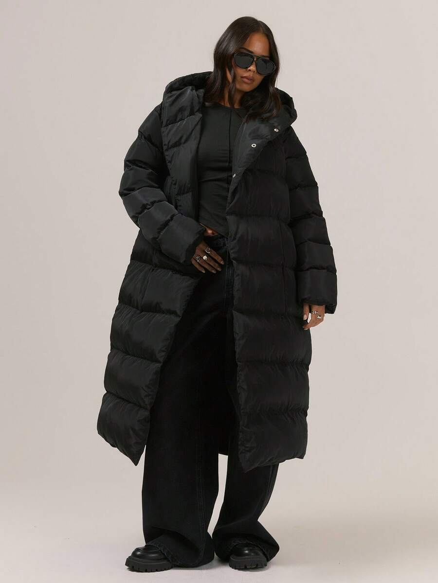 MUSERA 中长款加厚羽绒服，不对称按扣连帽，冬季外套 - 黑色 - 查看 1