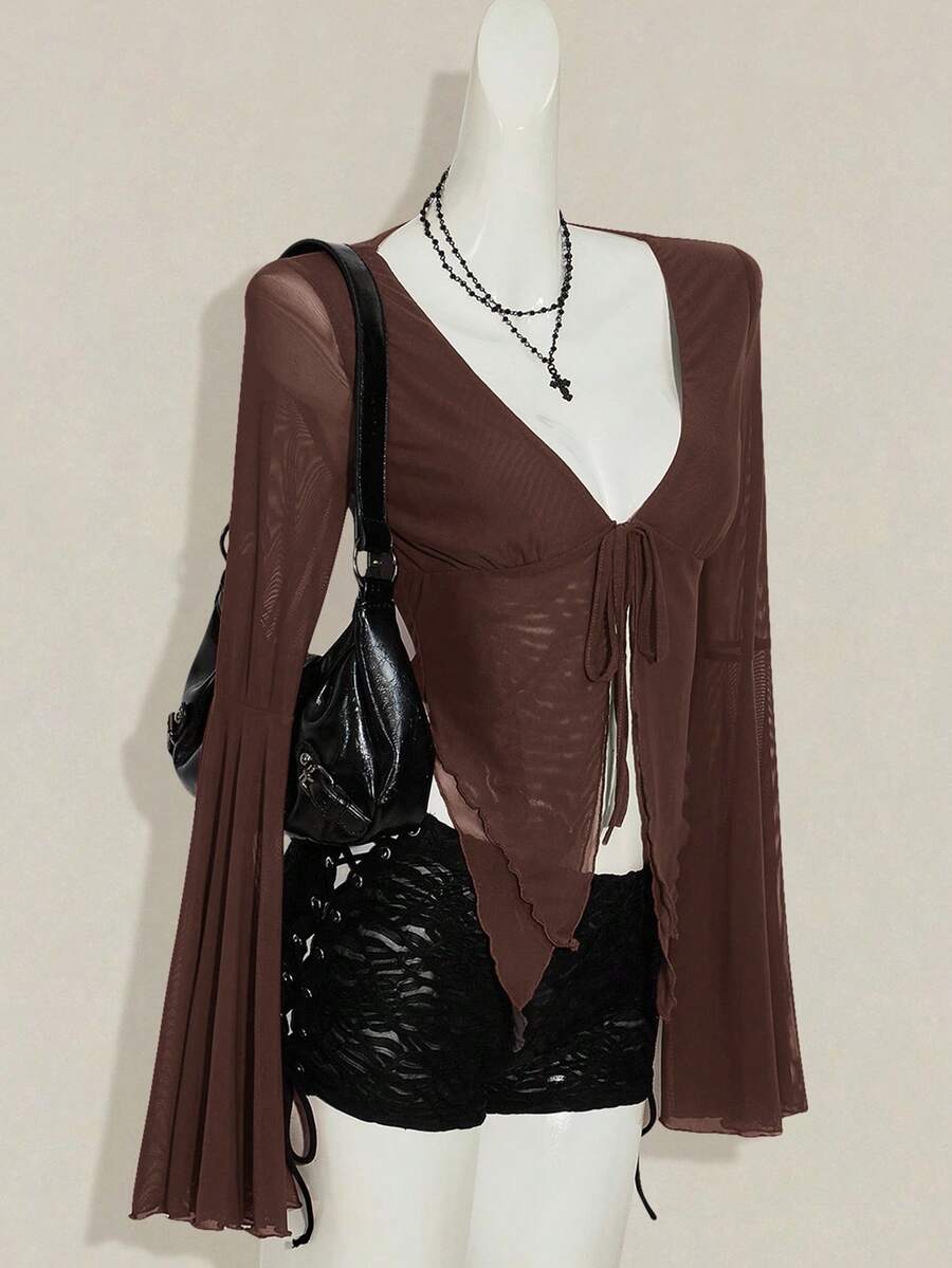 SHEIN ICON Áo thun tay dài màu trơn buộc phía trước thời trang Y2K Fall dành cho nữ, màu đỏ tía miền Tây, tay loe, thời trang dạo phố - màu nâu - Xem 1