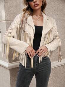 SHEIN LUNE Áo khoác thường ngày thiết kế tua rua tay dài cổ ve trơn màu cho nữ, mùa thu - Màu be - Xem 5