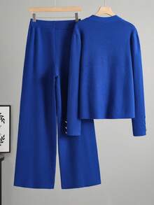 INAWLY Women's Casual Long Sleeve Top And Wide Leg Pants Sweater 2 Pieces Set - Blue - View 2